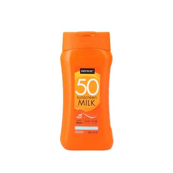 لوسیون ضد آفتاب بدون رنگ سنس spf 50 مدل میلک مناسب برای انواع پوست حجم 250 میلی لیتر