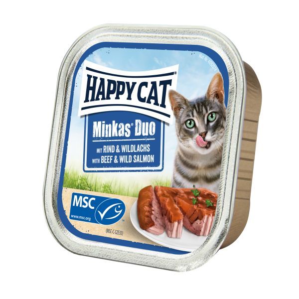 غذای گربه هپی کت مدل گوشت گوساله و ماهی سالمون وزن 100 گرم
