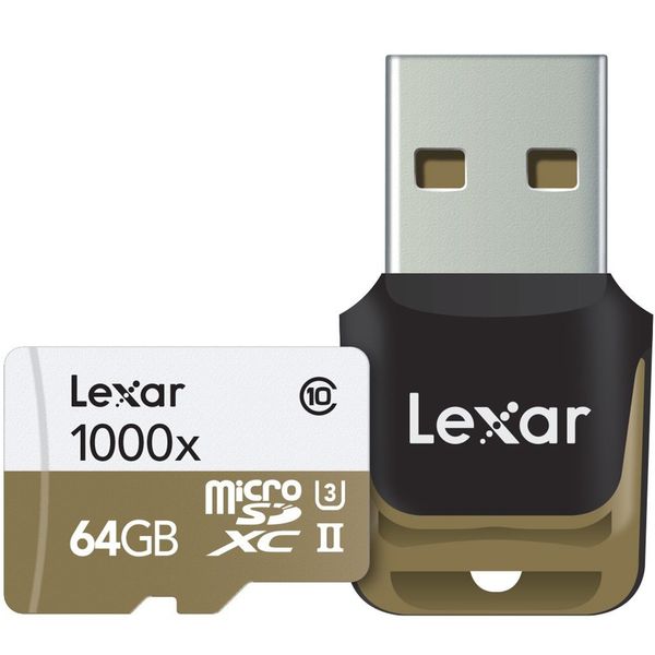 کارت حافظه microSDXC لکسار مدل Professional کلاس 10 استاندارد UHS-II U3 سرعت 1000X همراه با ریدر USB 3.0 ظرفیت 64 گیگابایت