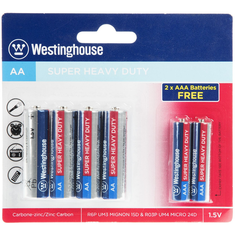 باتری قلمی و نیم قلمی وستینگهاوس مدل Super Heavy Duty بسته 6 عددی