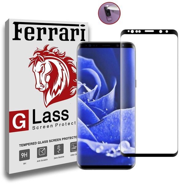 محافظ صفحه نمایش فراری گلس 6D Dual مدل FAG مناسب برای گوشی موبایل سامسونگ Galaxy S9 Plus به همراه محافظ لنز دوربین