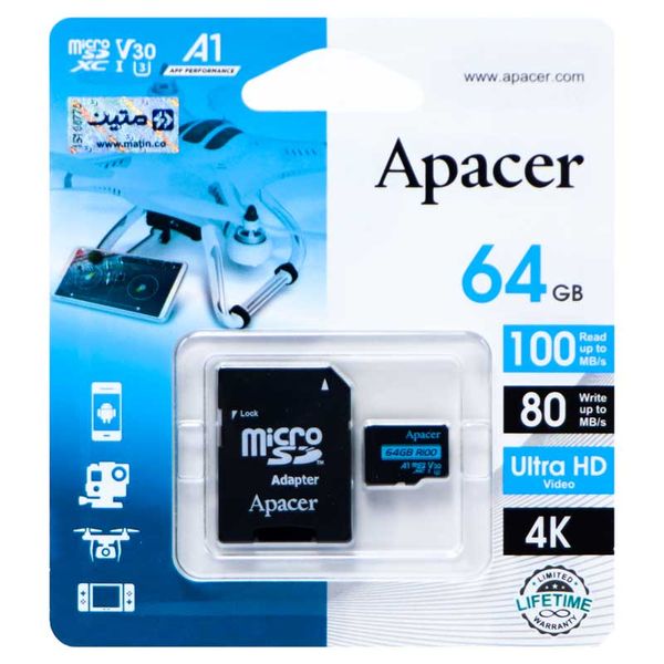 کارت حافظه microSDXC اپیسر مدل RIOO کلاس 10 استاندارد UHS-I U3 سرعت 100MBps ظرفیت 64 گیگابایت به همراه آداپتور SD