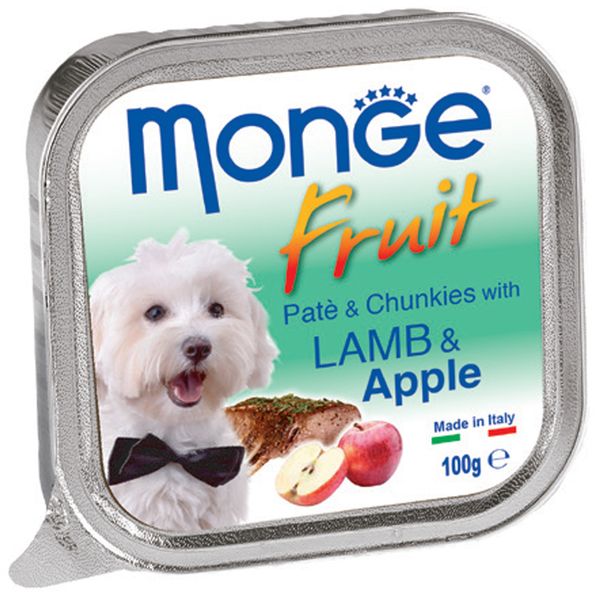 خوراک سگ مونگه مدل Pate &amp; Chunks With Lamb &amp; Apple-13222 با طعم بره و سیب وزن 100 گرم