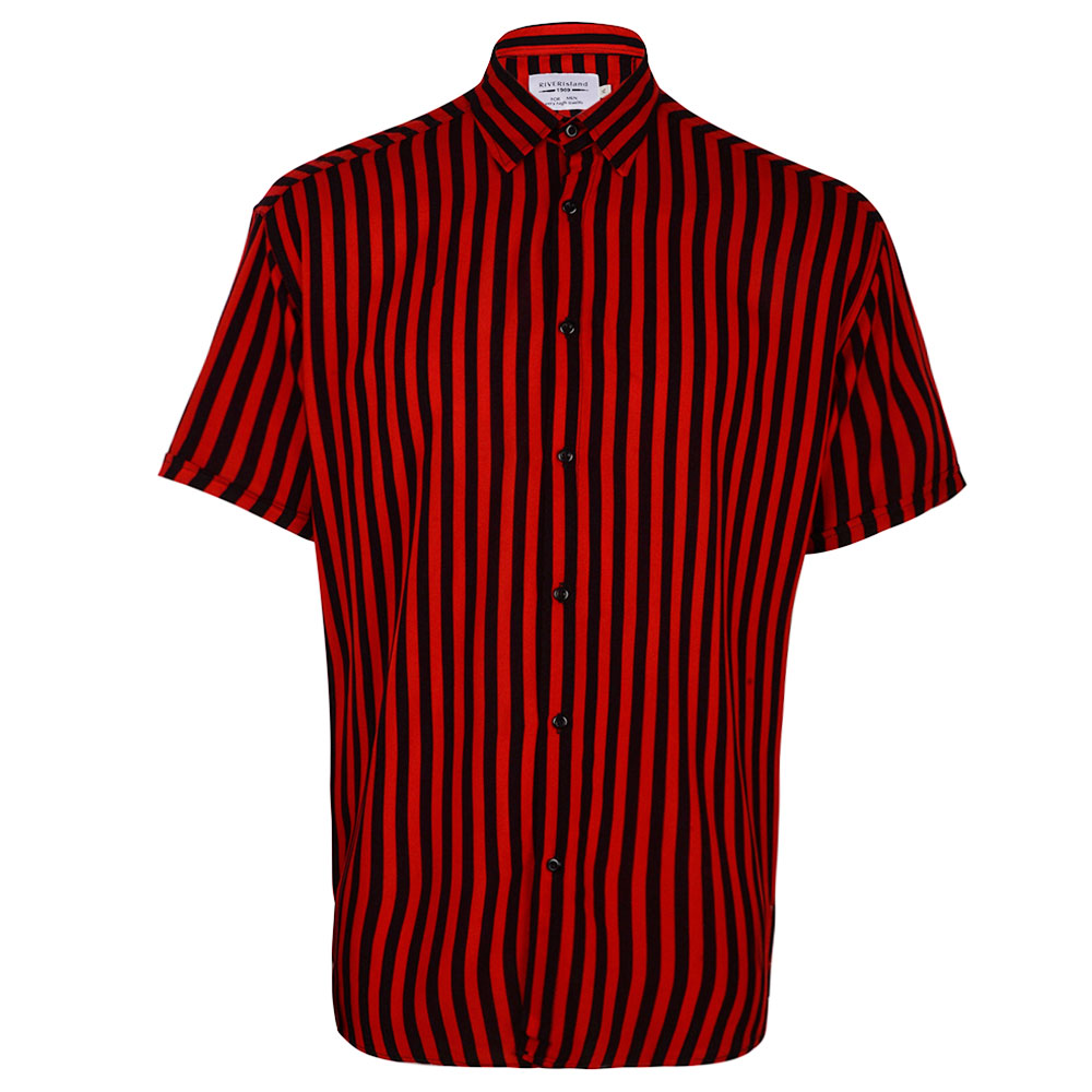 پیراهن آستین کوتاه مردانه مدل 329002905 راه راه نخ ویسکوز رنگ قرمز