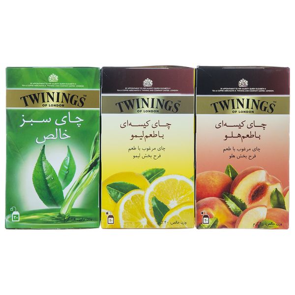 چای سیاه کیسه‌ای با طعم لیمو و هلو توینینگز بسته 40 عددی به همراه چای سبز توینینگز بسته 20 عددی