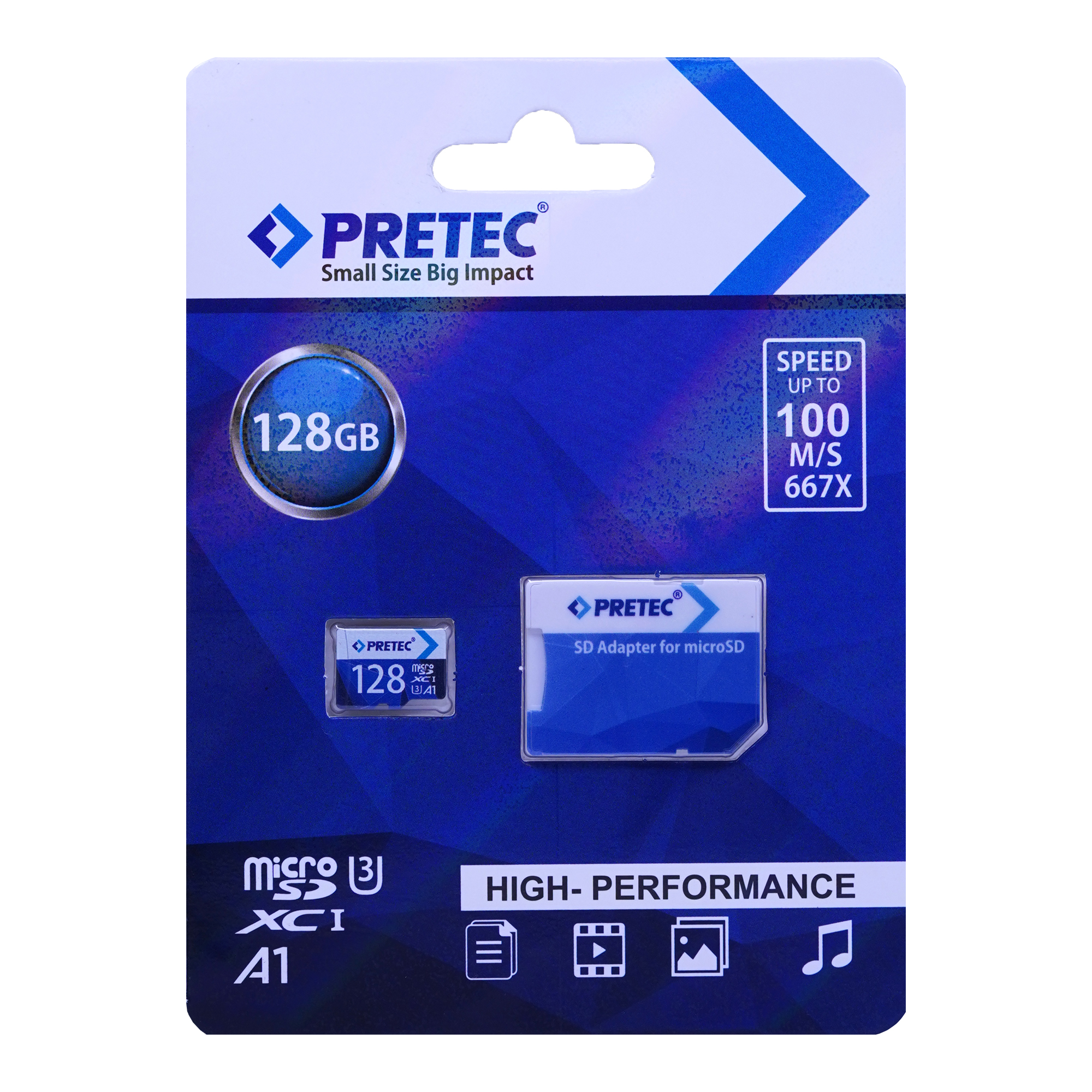 کارت حافظه microSDXC پریتک مدل small کلاس 10 استاندارد UHS-I U3 سرعت 100MBps ظرفیت 128 گیگابایت به همراه آداپتور
