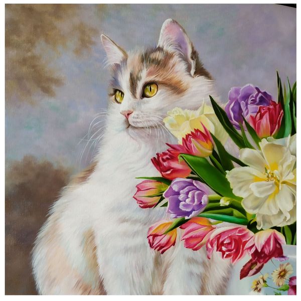 تابلو نقاشی رنگ روغن طرح گربه و گل