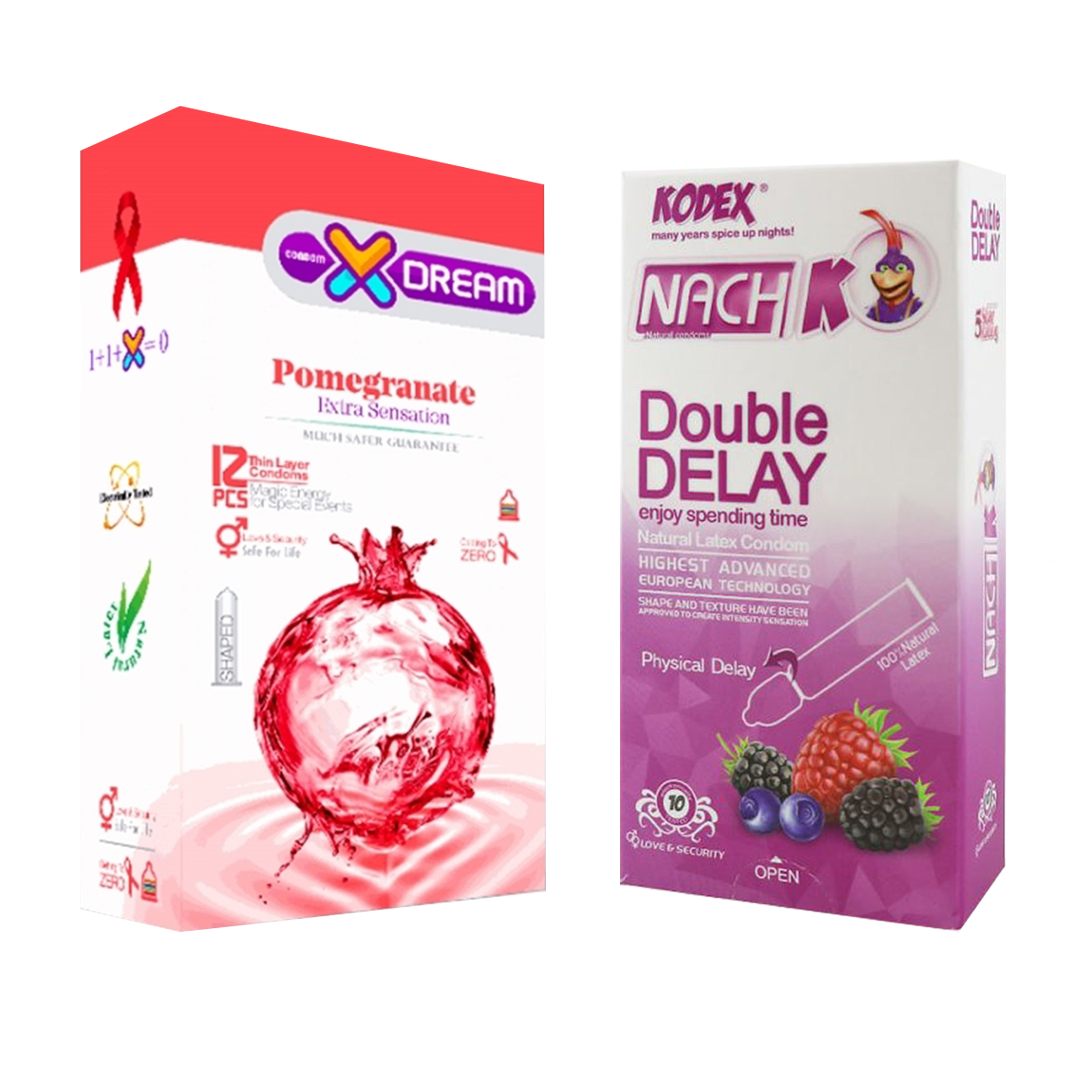 کاندوم ایکس دریم مدل Pomegranate بسته 12 عددی به همراه کاندوم تاخیری کدکس مدل Double Delay بسته 10 عددی