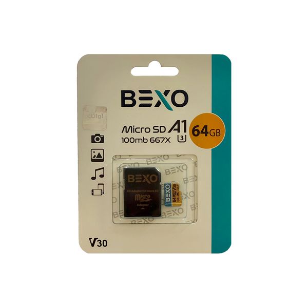کارت حافظه microSDXC بکسو مدل 667X کلاس A1 استاندارد UHS-I U3 سرعت 100MBps همراه با آداپتور SD ظرفیت 64 گیگابایت