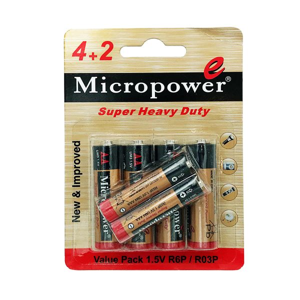 باتری قلمی و نیم قلمی میکروپاور مدل 4R62R03 مجموعه 6 عددی