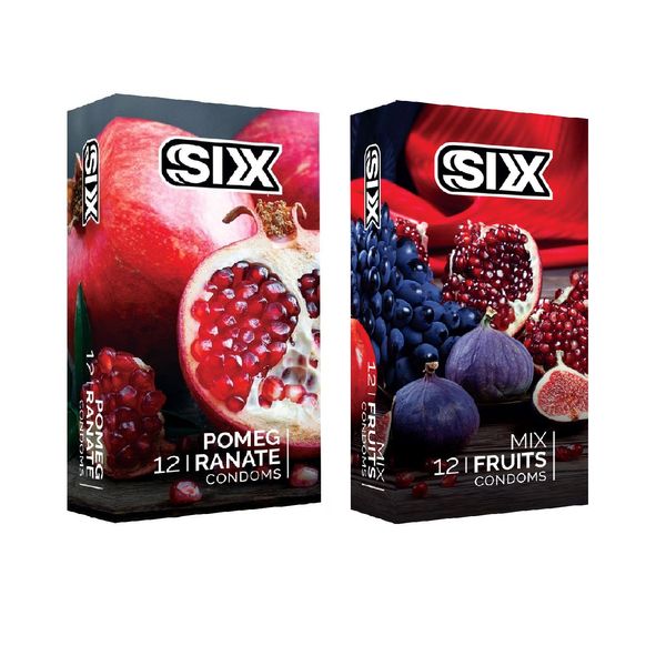 کاندوم سیکس مدل Pomegranate بسته 12 عددی به همراه کاندوم سیکس مدل Mix Fruits بسته 12 عددی