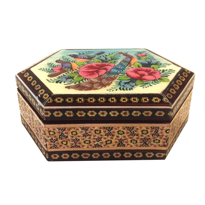 جعبه شش ضلعی خاتم لوح هنر طرح گل و پرنده کد 1035