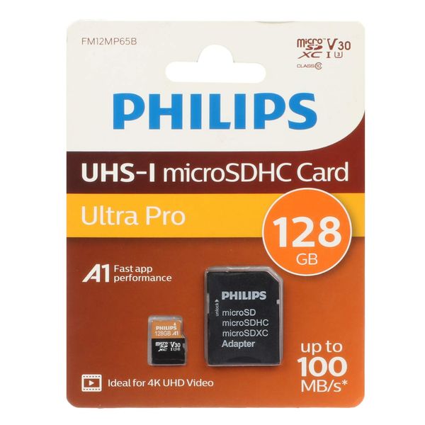 کارت حافظه MicroSDHC فیلیپس مدل Ultra pro کلاس 10 استاندارد UHS-I U3 سرعت 100MBps ظرفیت 128گیگابایت به همراه آداپتور