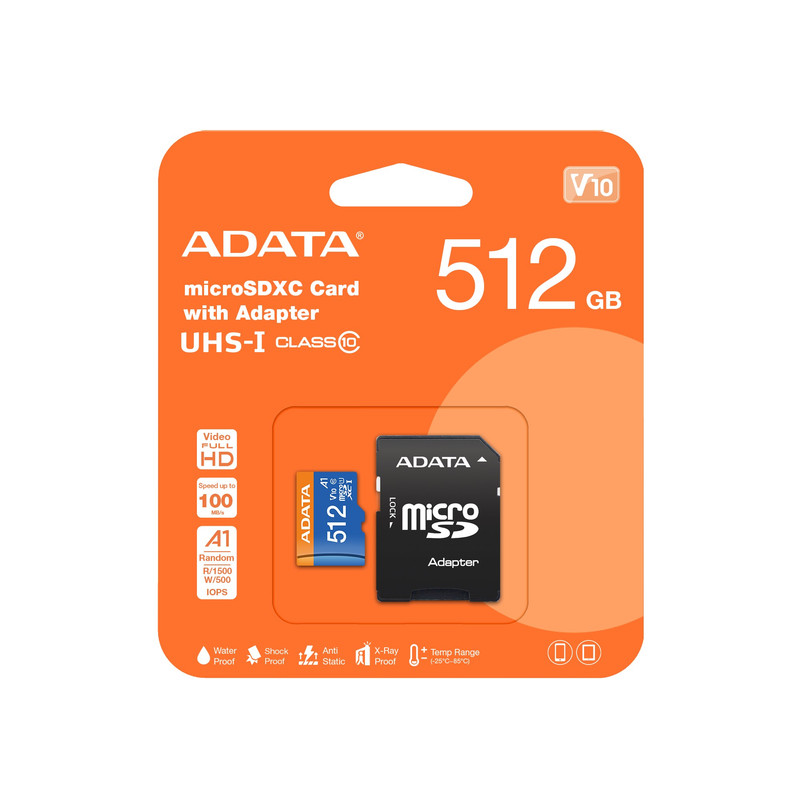 کارت حافظه‌ microSDXC ای دیتا مدل premier کلاس 10 استاندارد UHS-I U1 سرعت 100 MBps ظرفیت 512 گیگابایت به همراه آداپتور SD
