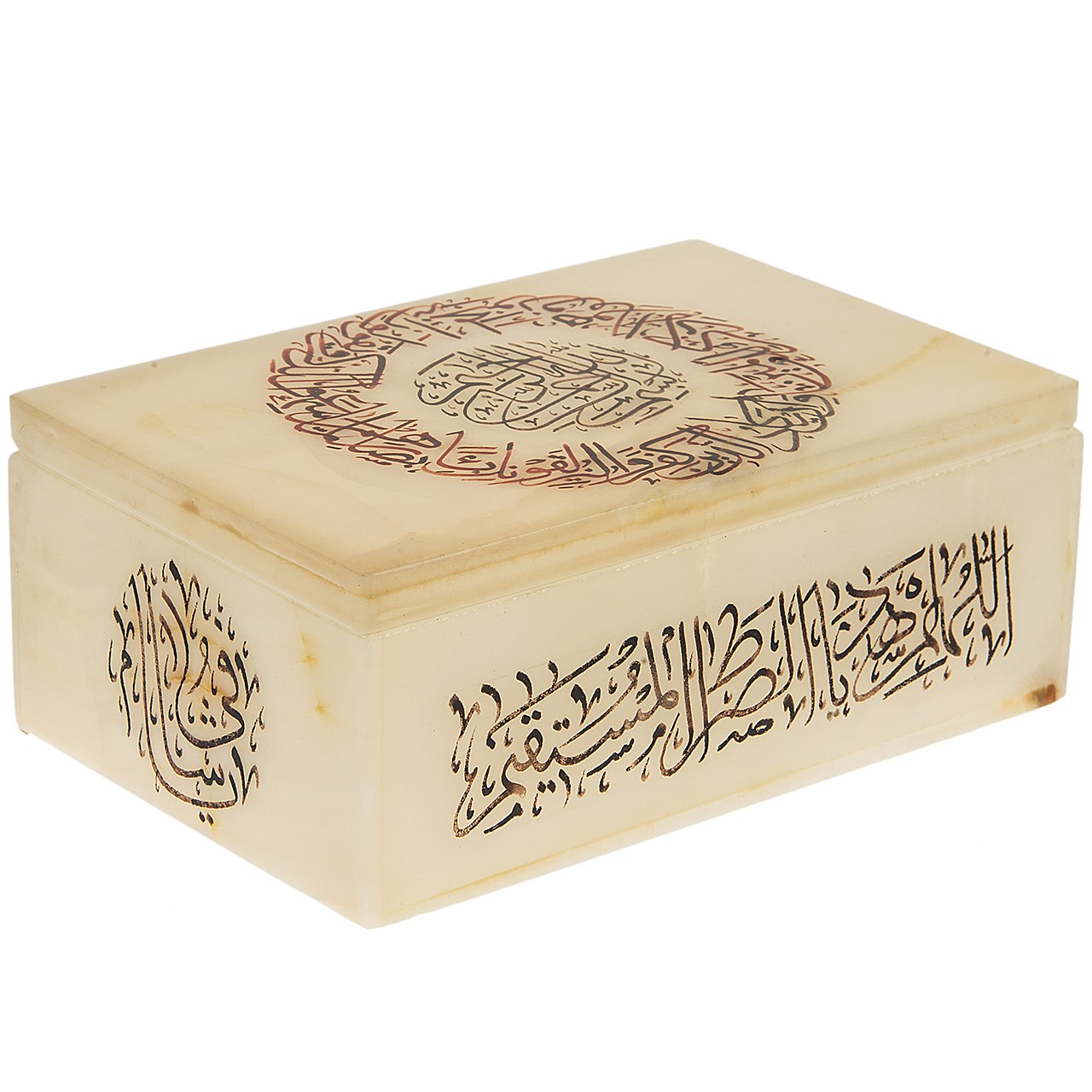 جعبه سنگ مرمر اثر بابایی خوشنویسی و ان یکاد و سوره فتح سایز 15 × 10 سانتی متر