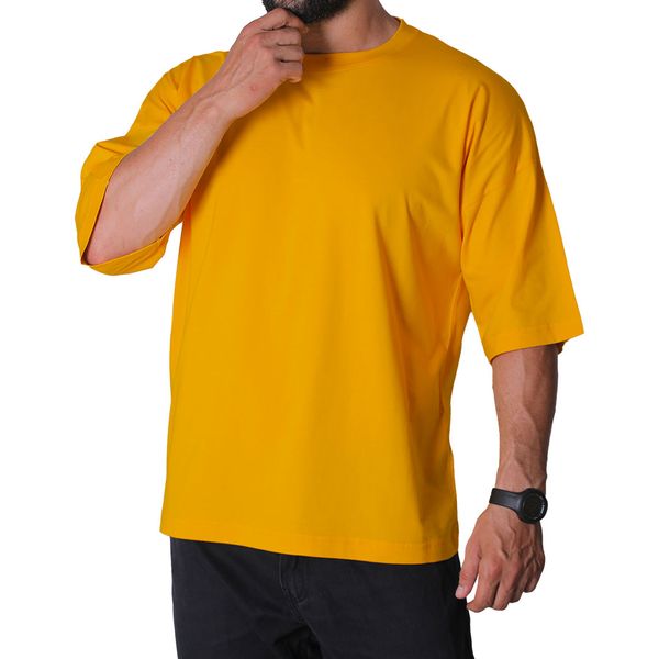 تی شرت اورسایز  آستین کوتاه مردانه مدل باکسی رنگ خردلی