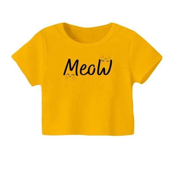 کراپ‌ تی‌شرت آستین کوتاه زنانه مدل گربه کد 15 رنگ زرد