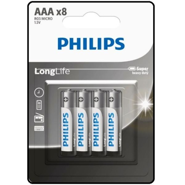 باتری نیم قلمی فیلیپس مدل LongLife R03L8BL بسته هشت عددی