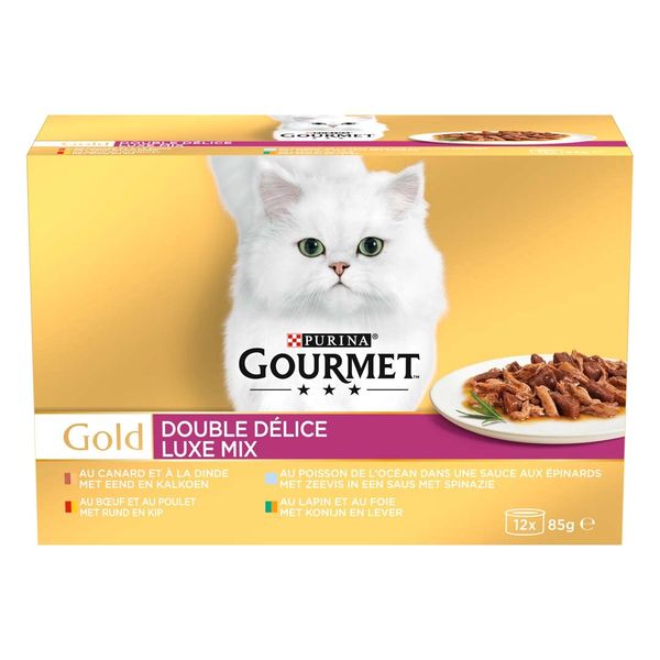 کنسرو غذای گربه گورمت مدل DOUBLE DELICE وزن 85 گرمی بسته 12 عددی