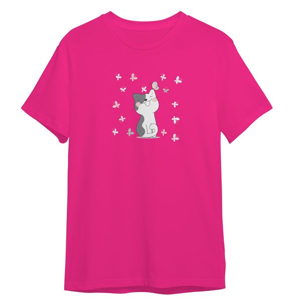 تی شرت آستین کوتاه دخترانه مدل گربه ملوس کد 0627 رنگ سرخابی