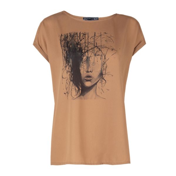 تی شرت آستین کوتاه زنانه زانتوس مدل یقه گرد کد 155190 رنگ نسکافه‌ای