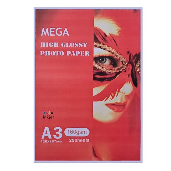  کاغذ چاپ عکس گلاسه مگا کد 160 سایز A3  بسته 25 عددی
