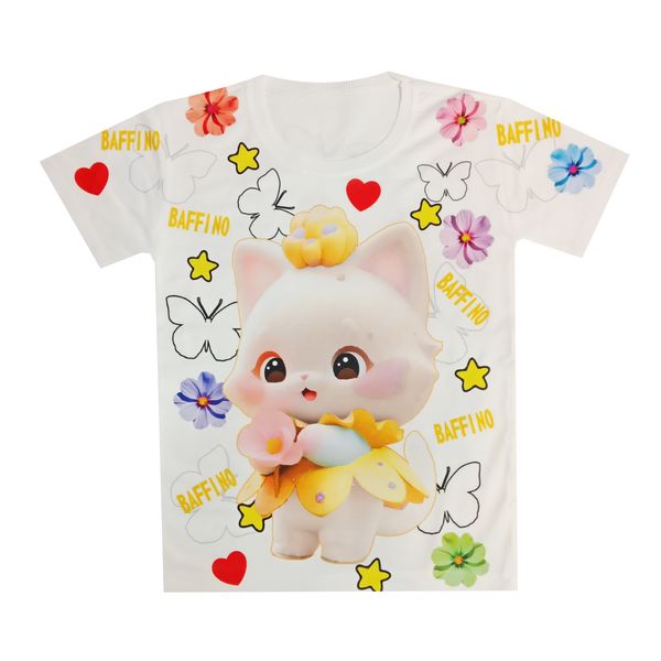 تی شرت آستین کوتاه دخترانه مدل گربه  کد S28 رنگ سفید