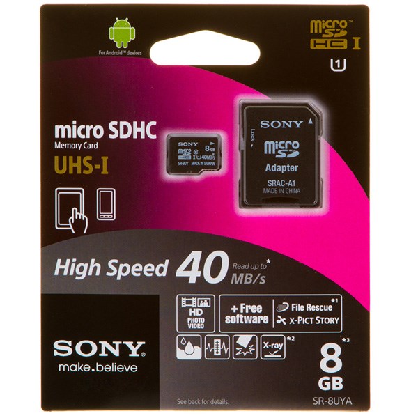 کارت حافظه microSDHC سونی مدل SR-8UYA کلاس 10 استاندارد UHS-I U1 سرعت 40MBps به همراه آداپتور SD ظرفیت 8 گیگابایت