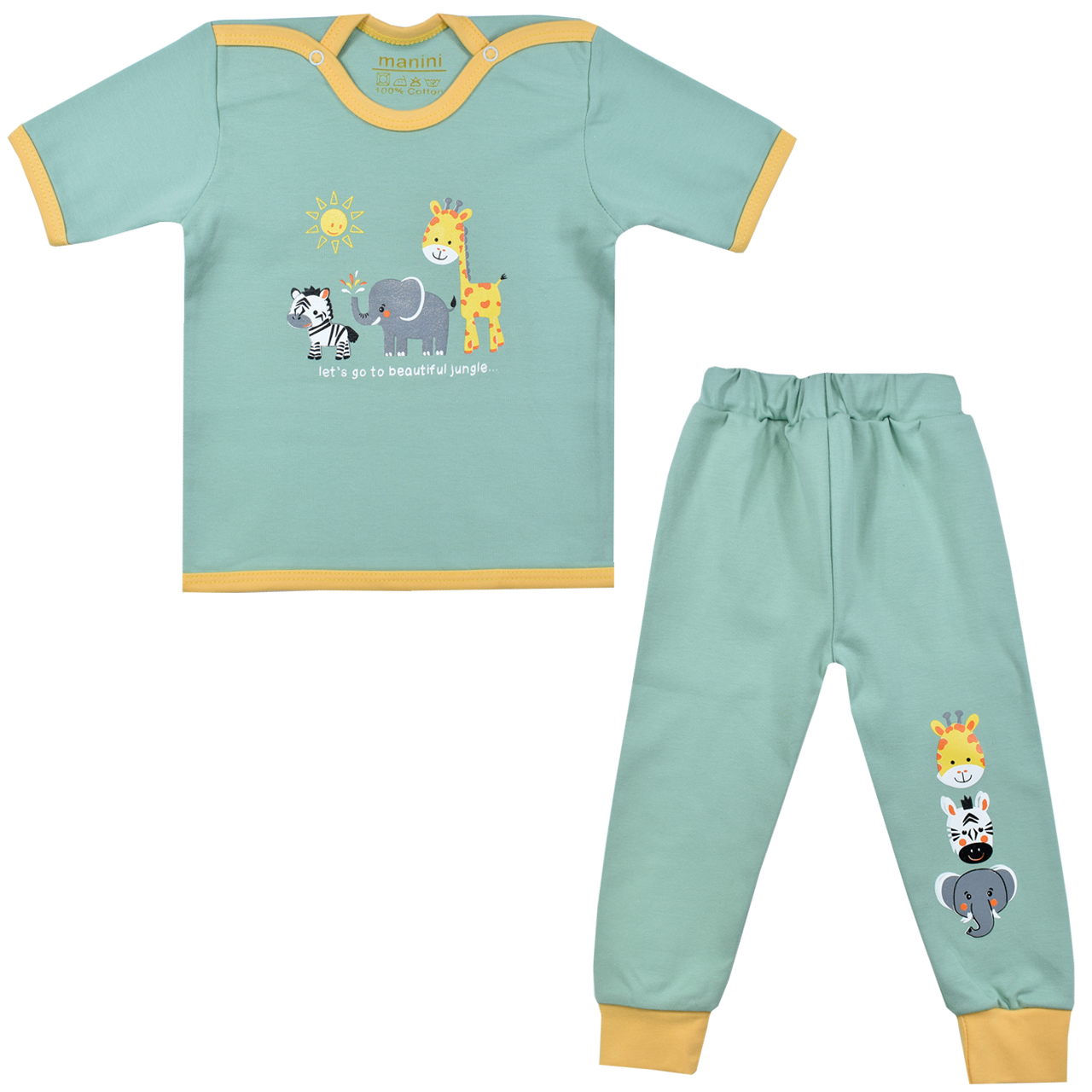 ست تی شرت و شلوار نوزادی مانینی مدل زرافه کد 1 رنگ سبز
