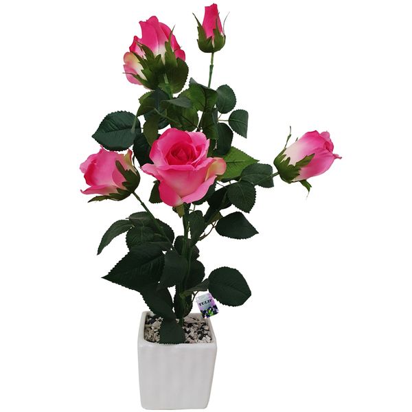 گلدان به همراه گل مصنوعی تولیپ مدل رز 6 گل