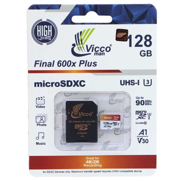 کارت حافظه microSDXC ویکومن مدل 600X Plus کلاس 10 استاندارد UHS-I U3 سرعت 90MBps ظرفیت 128 گیگابایت به همراه آداپتور SD