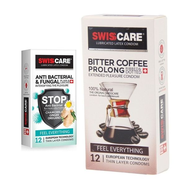 کاندوم سوئیس کر مدل ANTI BACTERIAL بسته 12 عددی  به همراه کاندوم سوئیس‌کر مدل Coffee Prolong بسته 12 عددی