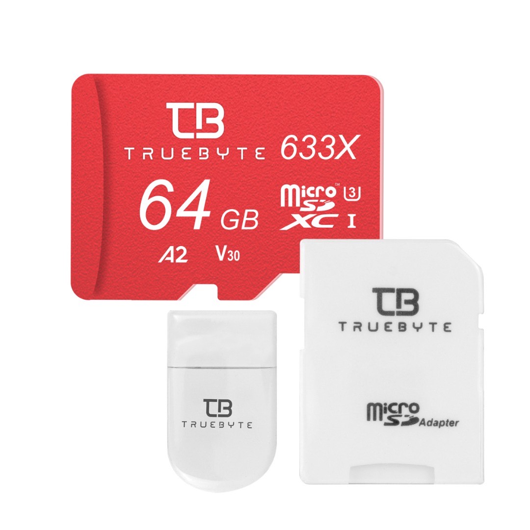 کارت حافظه microSD XC تروبایت مدل 633X-A2-V30 کلاس 10 استاندارد UHS-I U3 سرعت 95MBps ظرفیت 64 گیگابایت به همراه کارت‌خوان