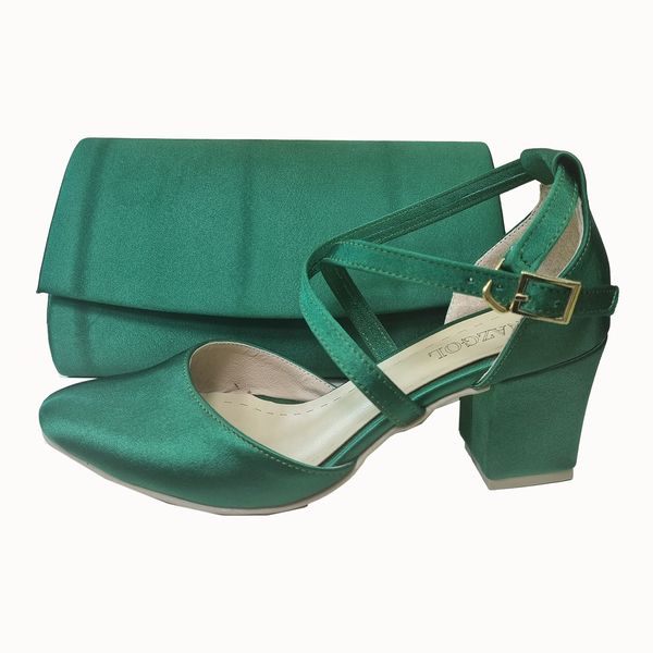 ست کیف و کفش زنانه مدل مجلسی پاشنه دار ساتن 899 رنگ سبز