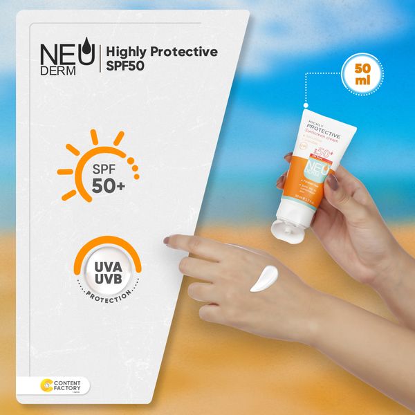 کرم ضد آفتاب بی رنگ نئودرم مدل Highly Protective SPF50 مناسب پوست های چرب تا مختلط حجم 50 میلی لیتر