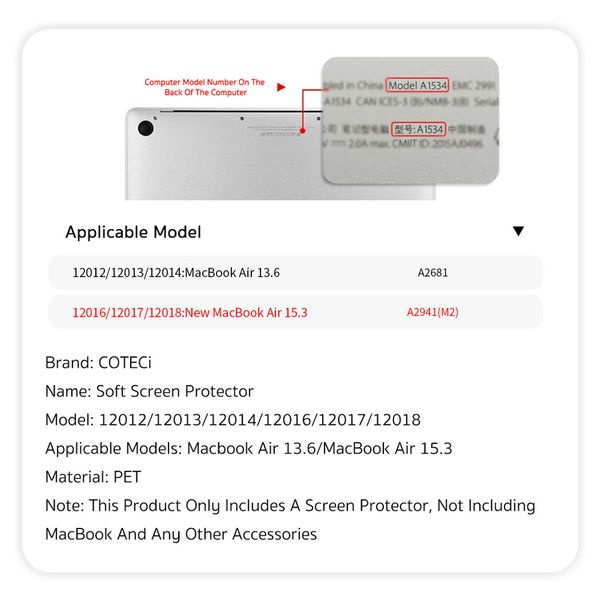 محافظ صفحه نمایش کوتتسی مدل 12016 مناسب برای مک بوک ایر 15.3 اینچ A2941