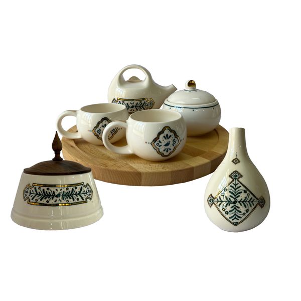 سرویس چایی خوری 7 پارچه سرامیکی طرح ماه منیر به همراه سینی چوبی