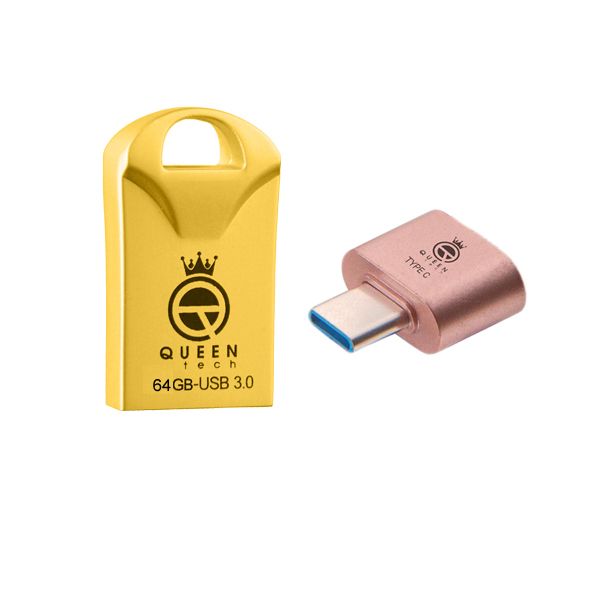 فلش مموری کوئین تک مدل RACE USB3 C-PLUS ظرفیت 64 گیگابایت به همراه مبدل USB-C OTG
