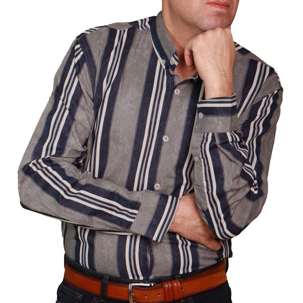 پیراهن آستین بلند مردانه مدل دنیم خطی کد 7653 رنگ طوسی