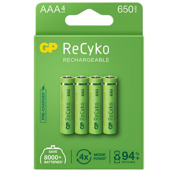 باتری قلمی قابل شارژ جی پی مدل Rechargeable Recyko 650 بسته چهار عددی