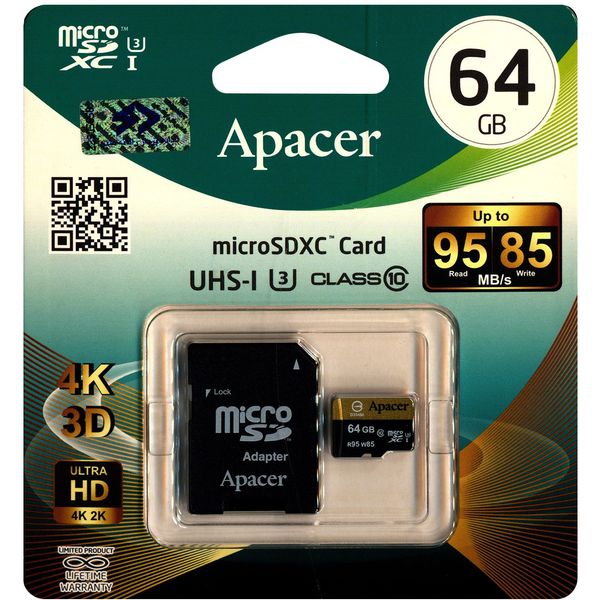 کارت حافظه microSDXC اپیسر کلاس 10 استاندارد UHS-I U3 سرعت 95MBps همراه با آداپتور SD ظرفیت 64 گیگابایت