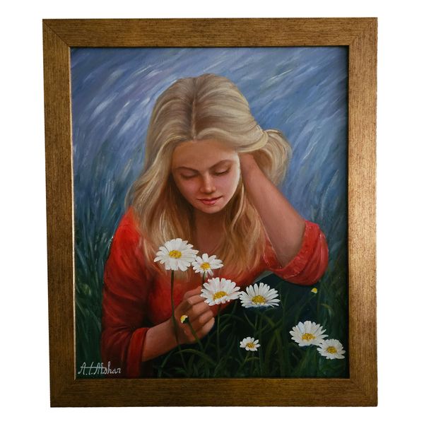 تابلو نقاشی طرح دختر با گل در دست