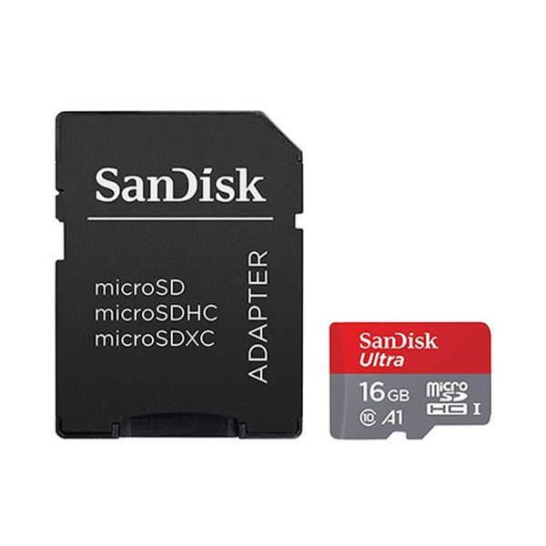 کارت حافظه‌ microSDHC سن دیسک مدل Ultra A1 کلاس 10 استاندارد HC-I A1 سرعت 80 MBps ظرفیت 16 گیگابایت به همراه آداپتور SD 