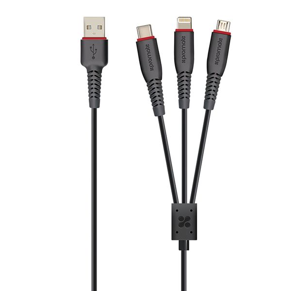 کابل تبدیل USB به لایتنینگ/microUSB/USB-C پرومیت مدل FlexLink-Trio طول 1.2 متر