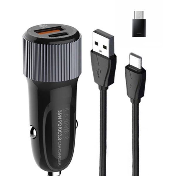 شارژر فندکی 36 وات الدینیو مدل C510 به همراه کابل تبدیل USB به USB-C / microUSB