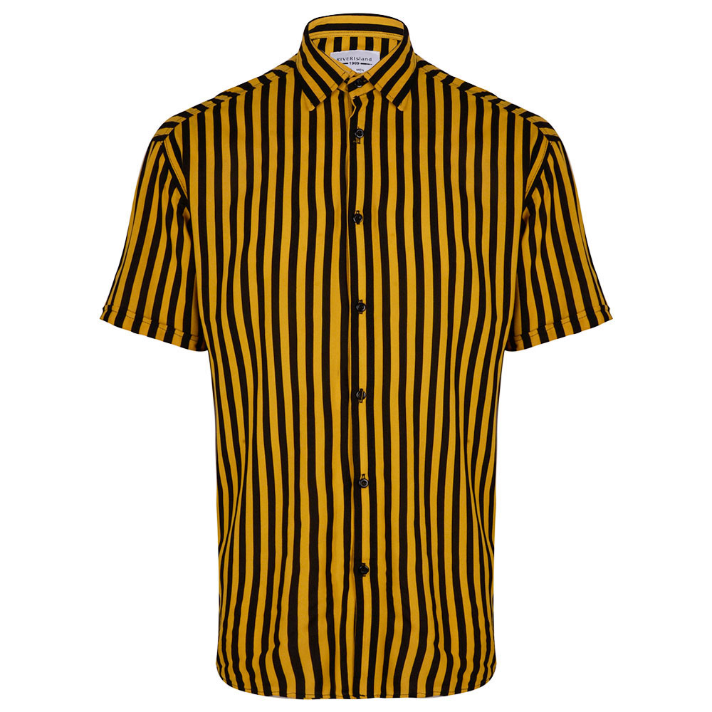 پیراهن آستین کوتاه مردانه مدل 329002930 راه راه نخ ویسکوز رنگ خردلی