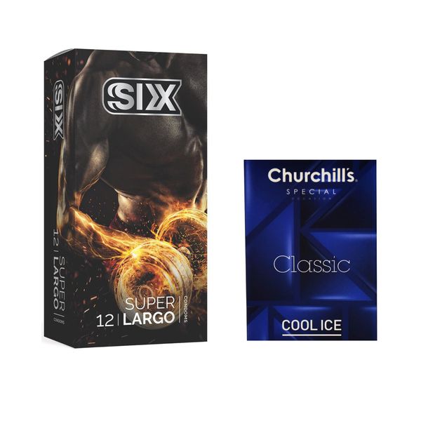 کاندوم سیکس مدل Super Largo بسته 12 عددی به همراه کاندوم چرچیلز مدل Cool Ice بسته 3 عددی