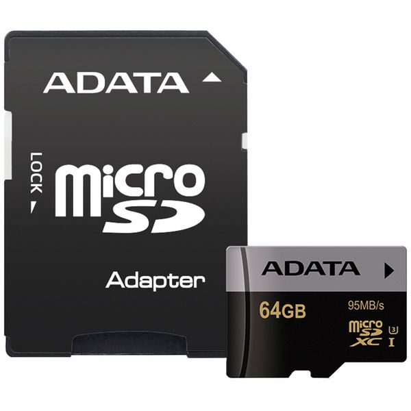 کارت حافظه‌ microSDXC ای دیتا مدل Premier Pro کلاس 10 استاندارد UHS-I U3 سرعت 95MBps به همراه آداپتور SD ظرفیت 64 گیگابایت