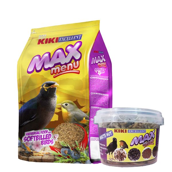 غذای مرغ مینا کیکی مدل max menu وزن 1 کیلوگرم به همراه میکس مدل آجیل حشرات وزن 60 گرم