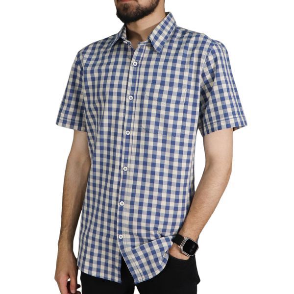 پیراهن آستین کوتاه مردانه مدل چهارخونه کد 6743 رنگ آبی نفتی